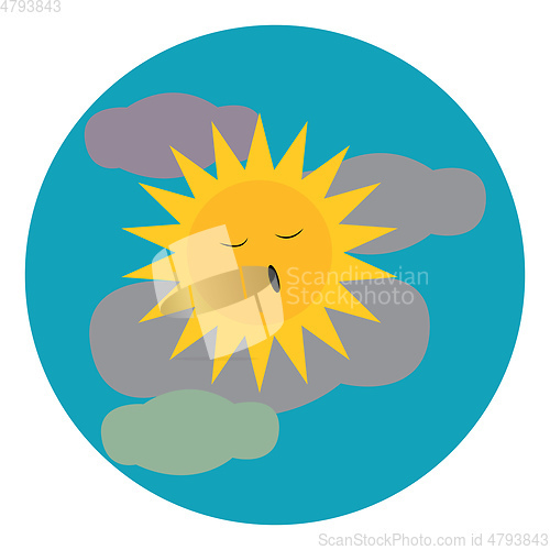 Image of A clipart of a blue cloudy sky with bright yellow sleeping sun v