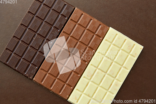 Image of different kinds of chocolate on brown background