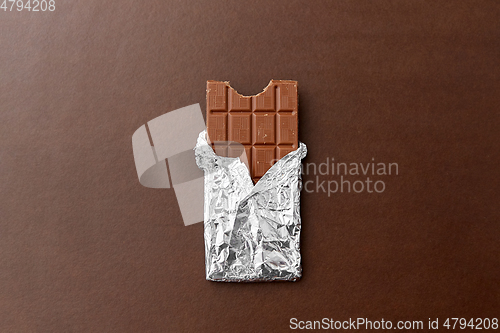 Image of chocolate bar in foil wrapper on brown background