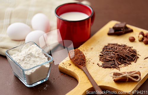 Image of chocolate, cocoa powder, milk, eggs and flour