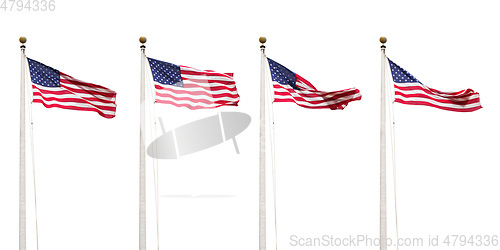 Image of four flags of the USA isolated on white sky background