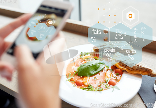 Image of hands with phone and food nutritional value chart