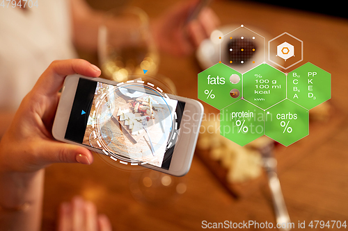 Image of hands with food on smartphone screen at restaurant