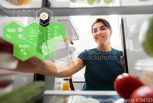 Image of happy woman taking food from fridge at home