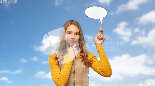 Image of teenage girl holding speech bubble over sky