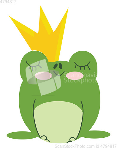 Image of A green king frog wearing a golden crown on head is day dreaming