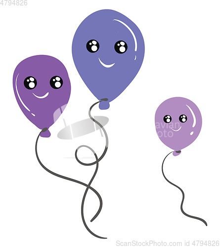 Image of Three shades of purple balloons of different sizes tied to indiv