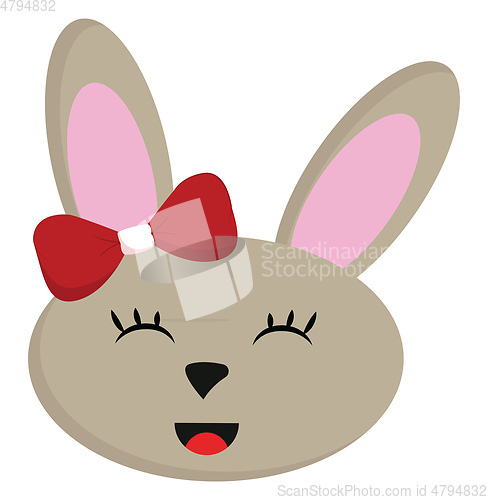 Image of Smiling beige rabbit with red bow vector illustration on white b
