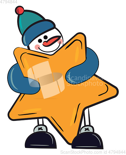 Image of Snowman hugging golden star vector or color illustration