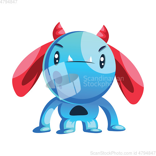 Image of Blue cartoon monster with red ears and horns white background ve