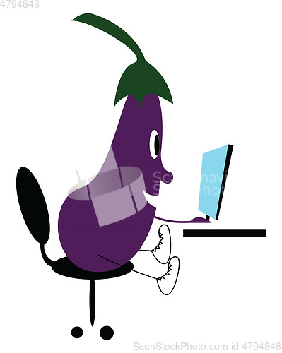Image of A cute eggplant emoji working in front of a blue computer screen