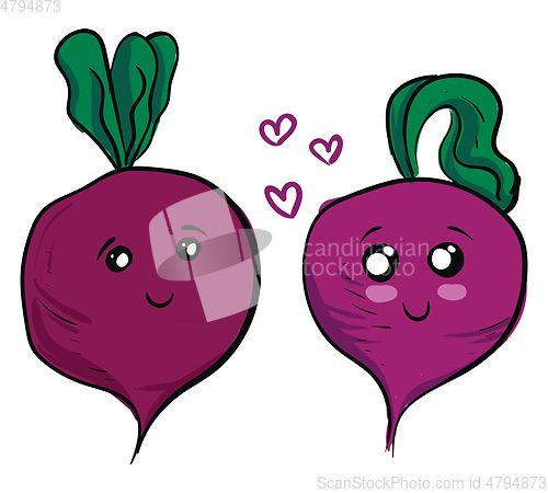 Image of Two cute purple beets in love vector illustration on white backg