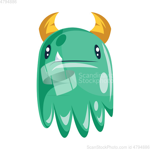 Image of Green confused ghost with yellow horns cartoon character white b