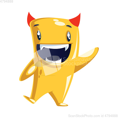 Image of Happy waving yellow cartoon character with small red horns white