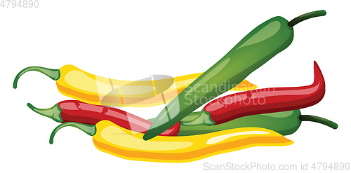 Image of Red green and yellow chilli  cartoon fruit vector illustration o