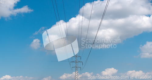 Image of cloudy morning sky and a high-voltage line