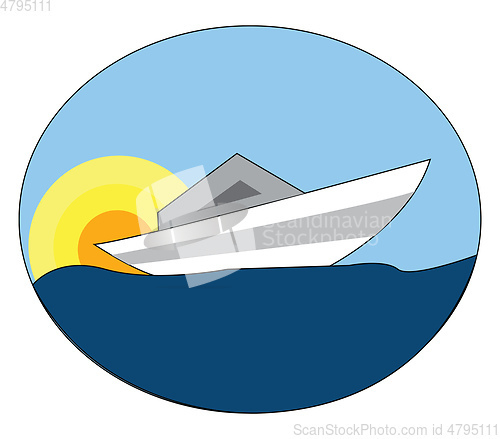 Image of White boat on blue water with a yellow and orange sun in the bac