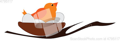 Image of Yellow bird in nest protect her eggs illustration print vector o