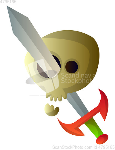 Image of Cartoon skull with big sword vector illustartion on white backgr