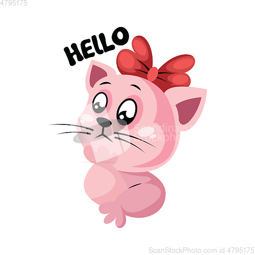 Image of Baby pink kitty with red bow saying Hello vector illustration on