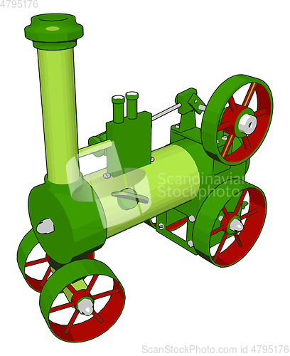 Image of 3D vector illustration of green steam engine machine on white ba