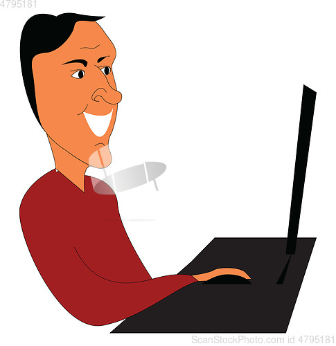 Image of Caricature of a man in red shirt working on a laptop vector illu