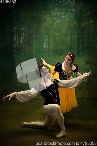 Image of Young ballet dancers as a Snow White\'s characters in forest