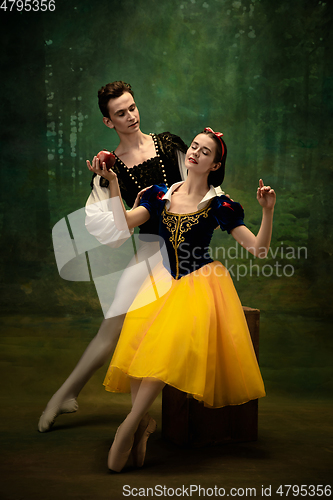 Image of Young ballet dancers as a Snow White\'s characters in forest