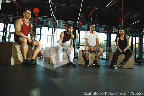 Image of A group of muscular athletes doing workout at the gym
