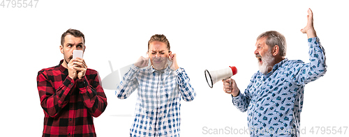 Image of Family members arguing with one another on white studio background.