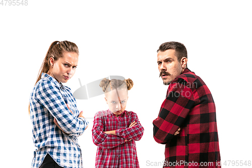 Image of Family members arguing with one another on white studio background.