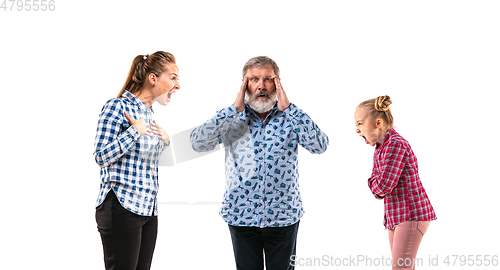 Image of Family members arguing with one another on white studio background.