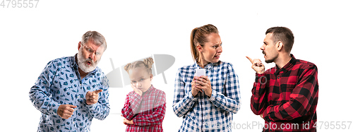 Image of Family members arguing with one another on white studio background.