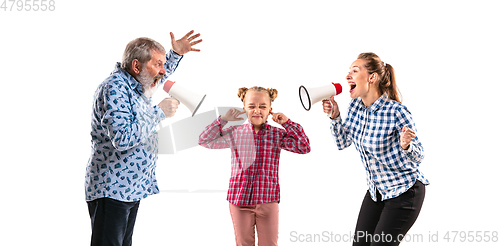 Image of Family members arguing with one another on white studio background.