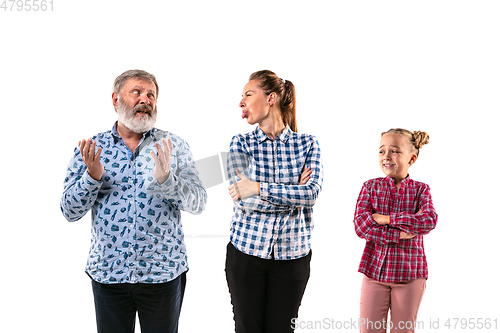 Image of Family members arguing with one another on white studio background.