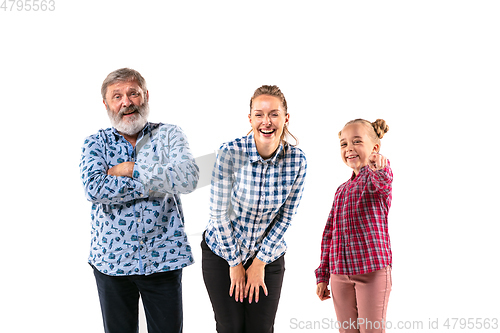 Image of Happy family with child looks happy together on white background