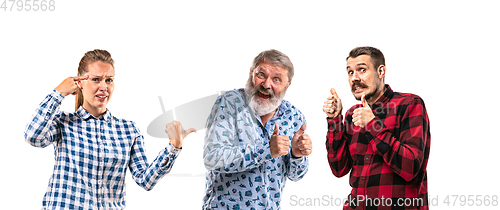 Image of Family members arguing with one another on white studio background.