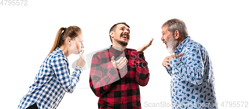 Image of Family members arguing with one another on white studio background.