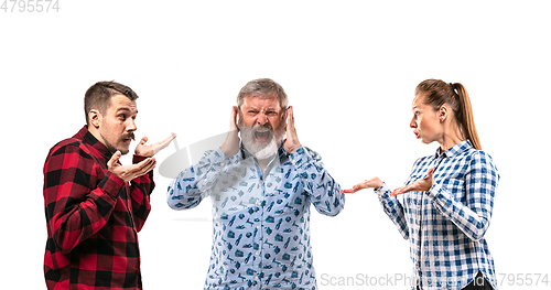 Image of Family members arguing with one another on white studio background.