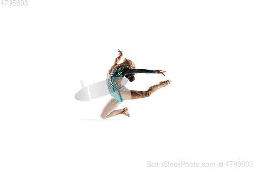 Image of Little flexible female gymnast isolated on white studio background