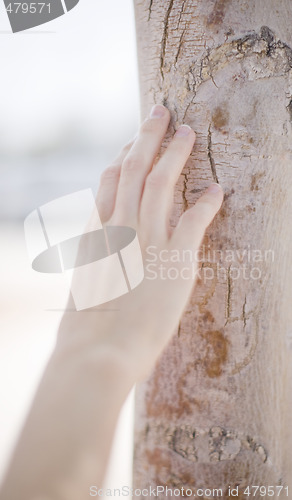 Image of woman touching tree