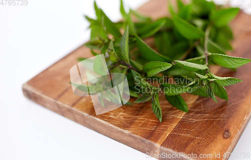 Image of bunch of fresh peppermint on wooden cutting board