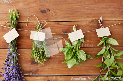 Image of greens, spices or medicinal herbs on wood