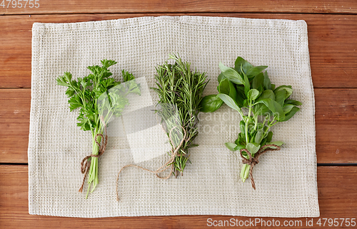 Image of greens, spices or medicinal herbs on towel