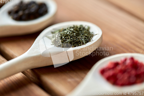 Image of spoons with different spices on wooden table