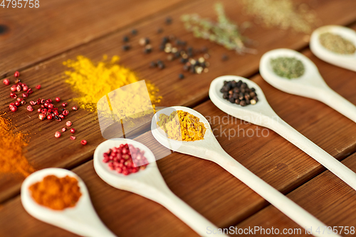 Image of spoons with different spices on wooden table