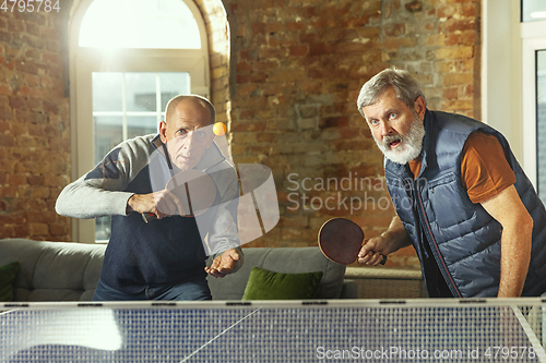 Image of Senior men playing table tennis in workplace, having fun