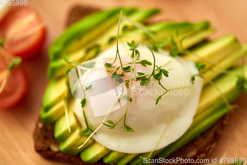 Image of toast bread with avocado, pouched egg and greens