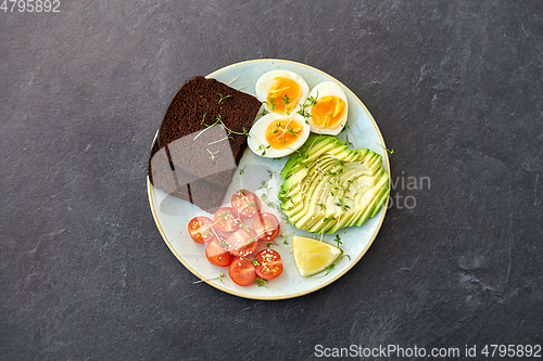 Image of avocado, eggs, toast bread and cherry tomato