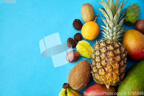 Image of many different exotic fruits on blue background